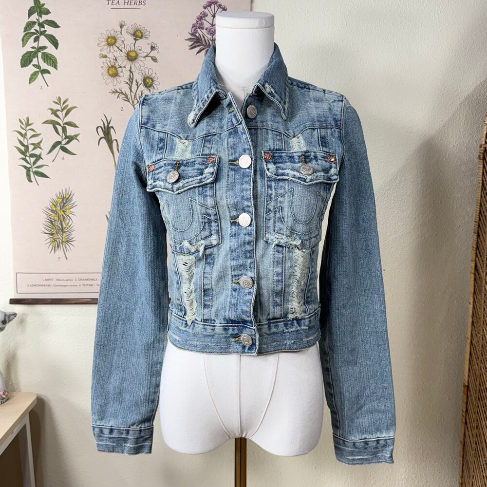 True Religion Distressed Denim Jean Jacket Y2k Grunge Coastal Cowgirl Boho XS